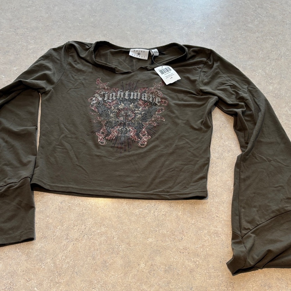 Graphic Nightmare Olive Green Crop Top with bell sleeves